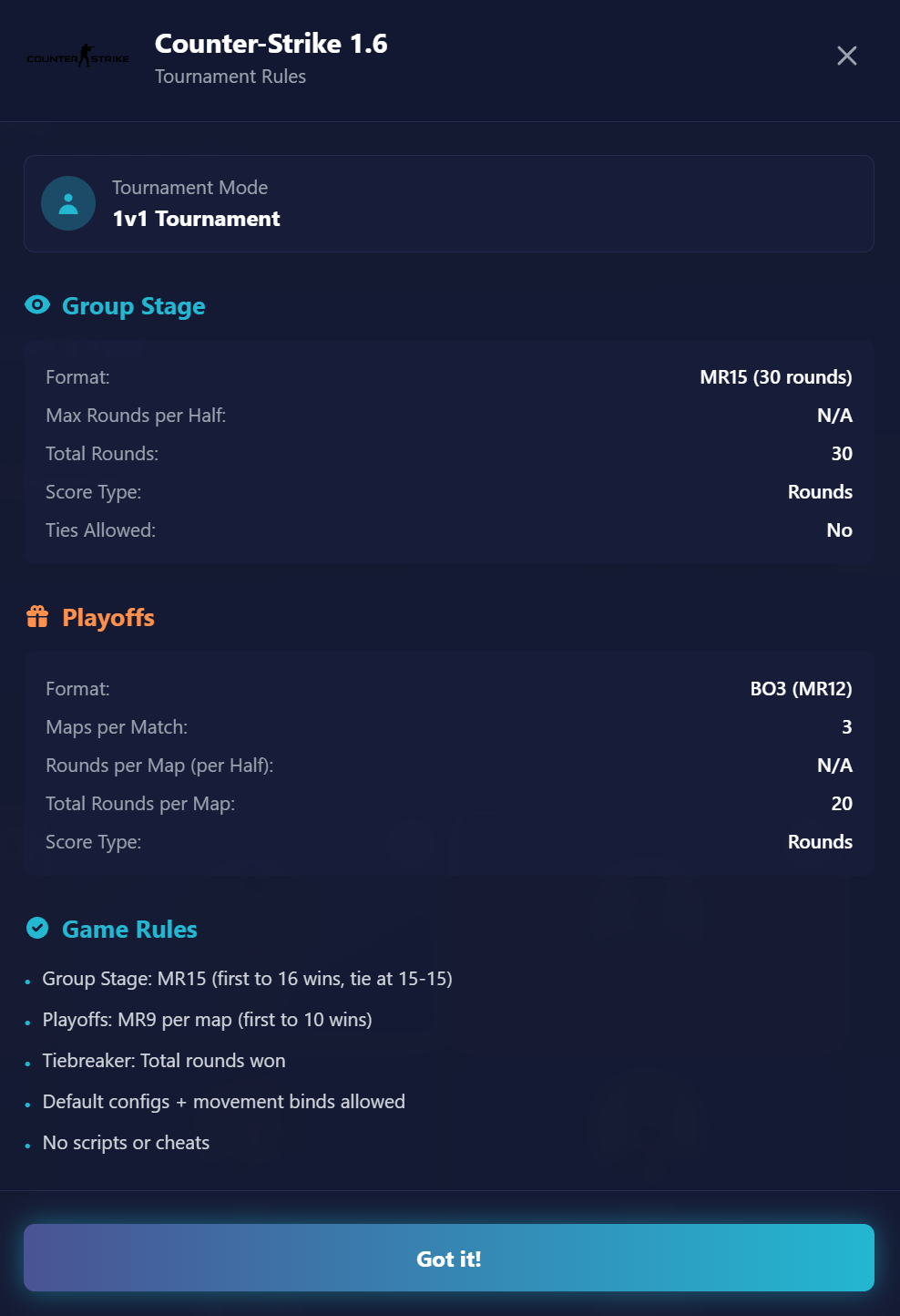 Tournament rules displayed on the tournament manager